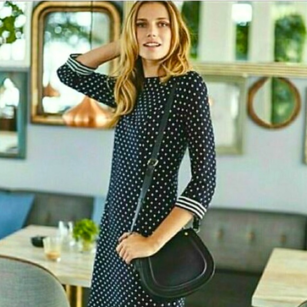 Boden quilted dress, navy polka dots, sz 8L